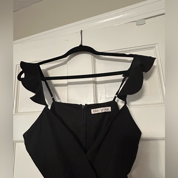 Black V-Neck Mini Dress with Ruffle Straps - Picture 4 of 4